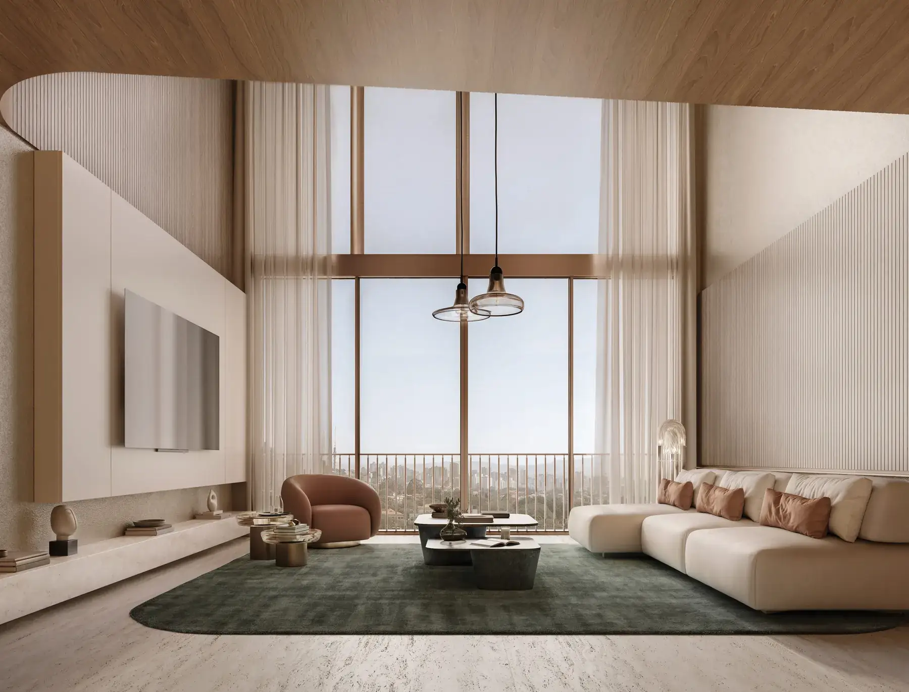 Living do apartamento de 2 suítes, com pé-direito duplo