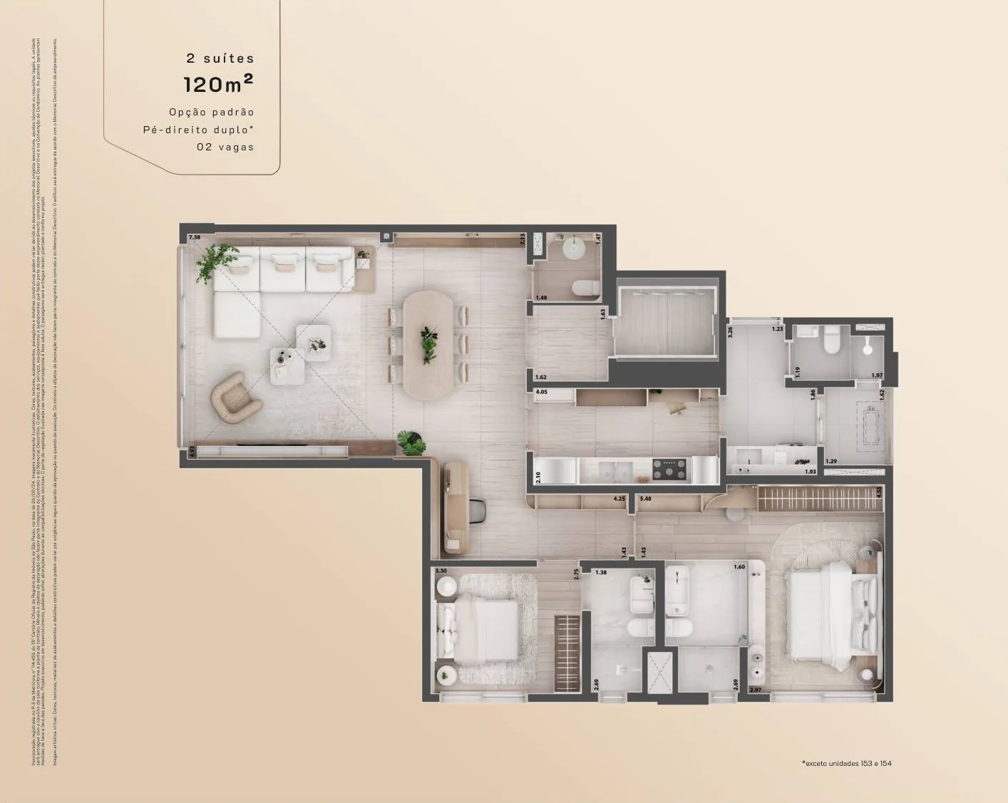 Planta do apartamento de 2 suítes de 120 m²