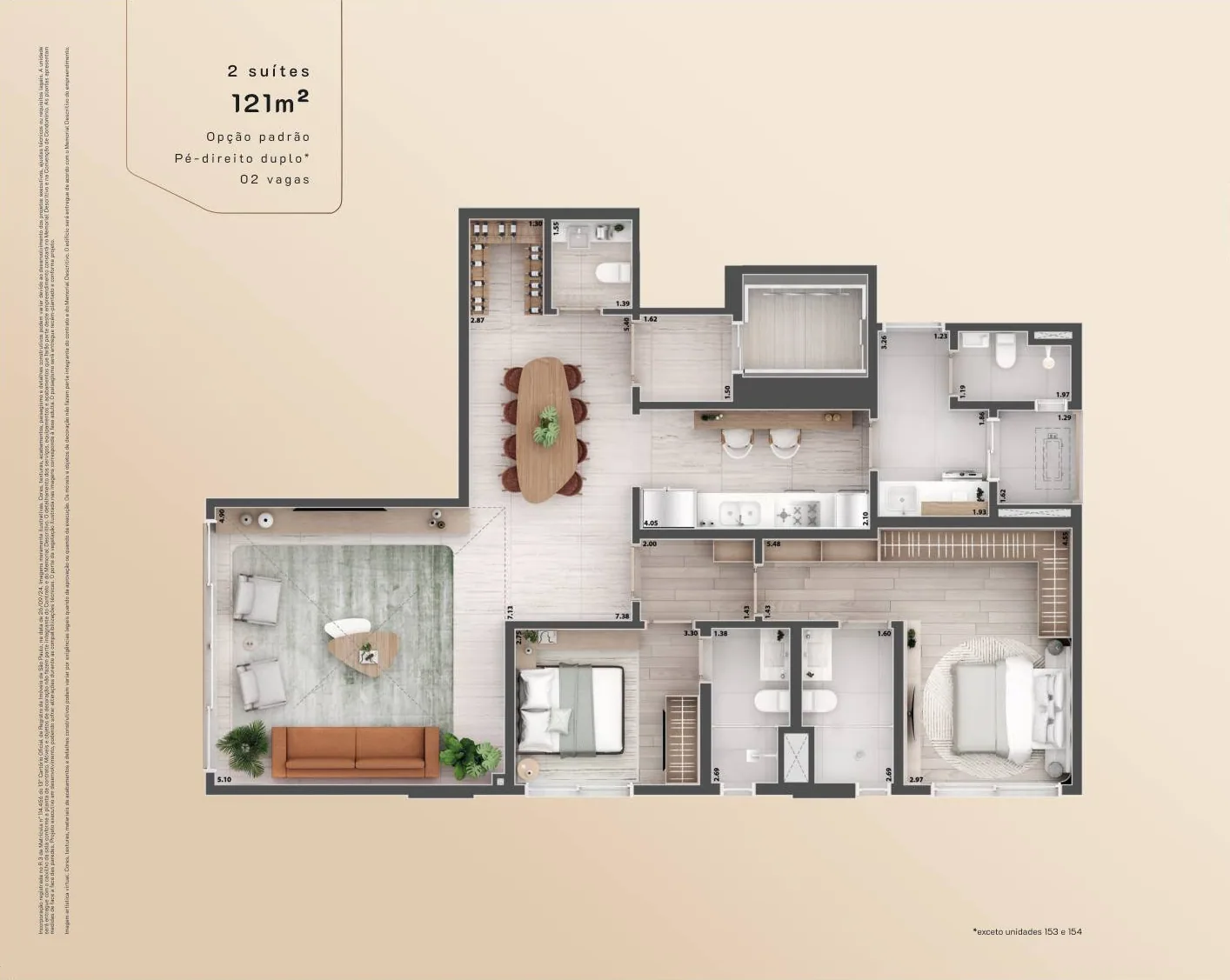Planta do apartamento de 2 suítes de 121 m²
