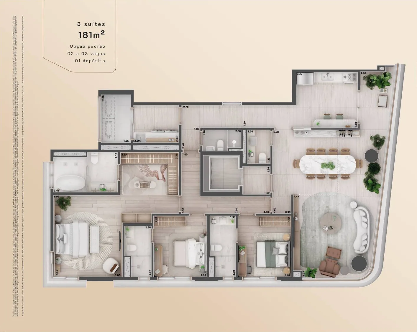 Planta do apartamento de 3 suítes de 181 m²