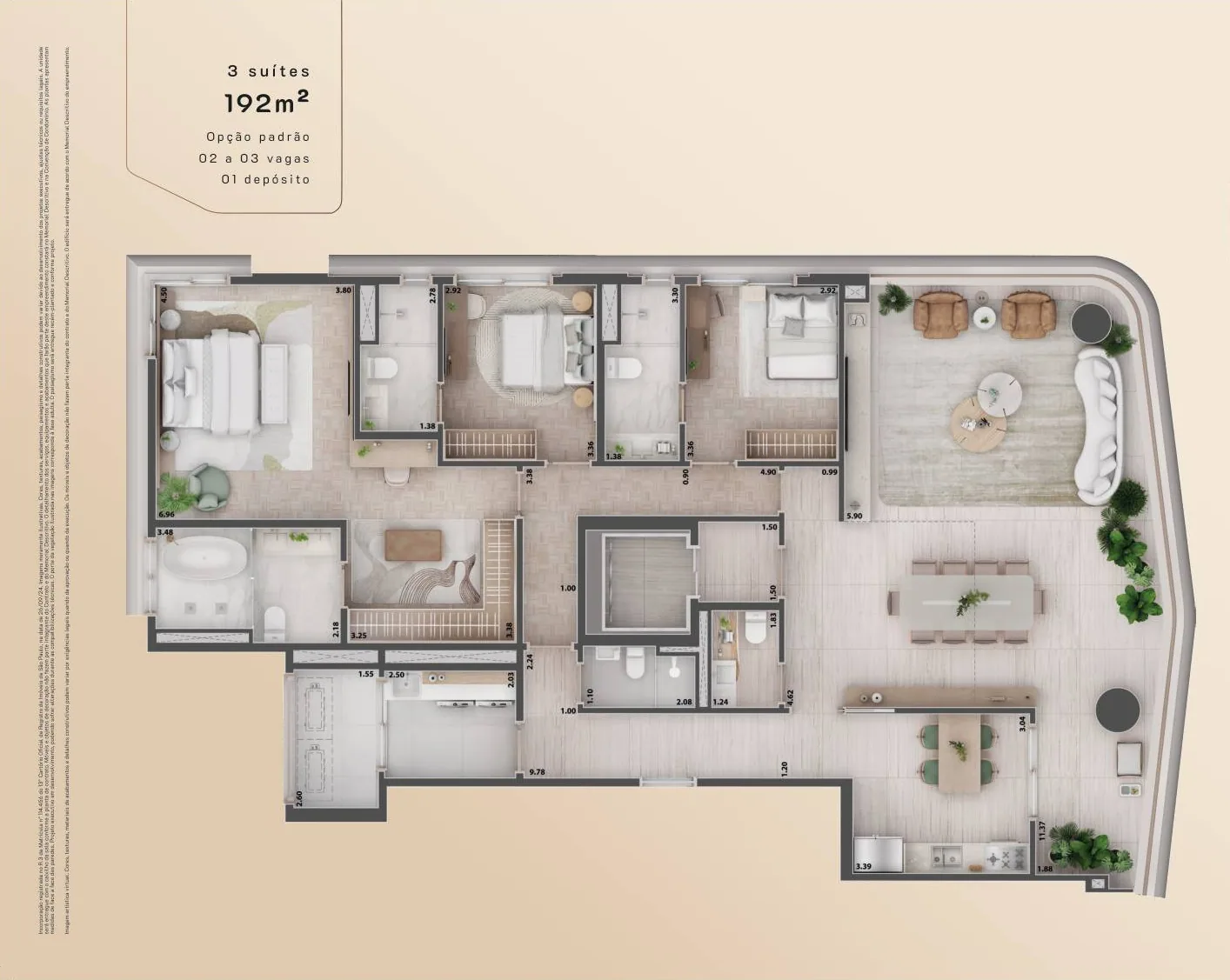 Planta do apartamento de 3 suítes de 192 m²