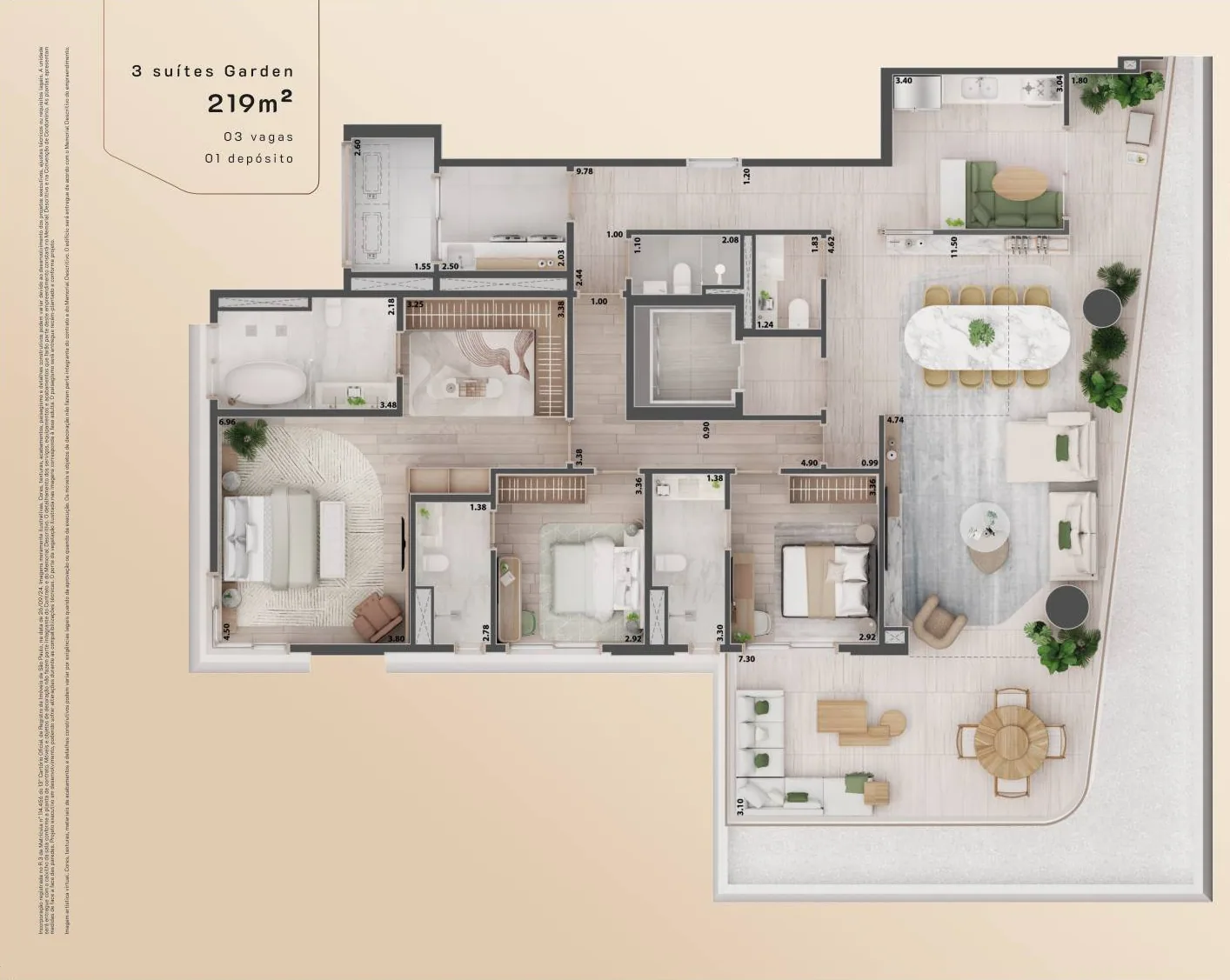 Planta do Garden de 3 suítes de 219 m²