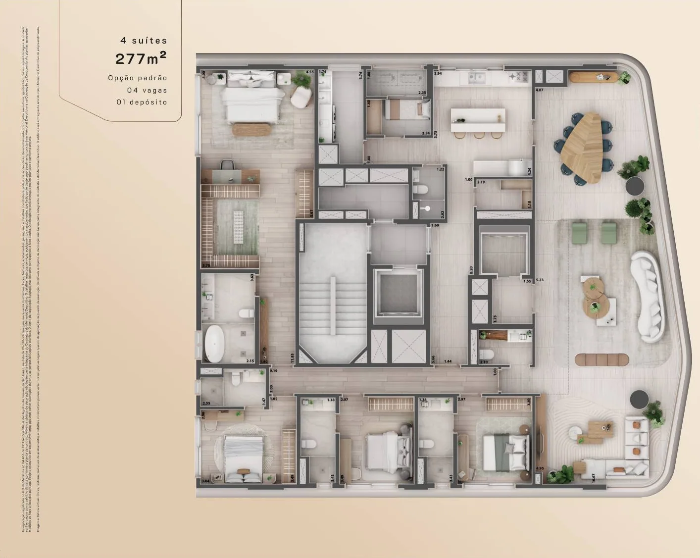 Planta do apartamento de 4 suítes de 278 m²