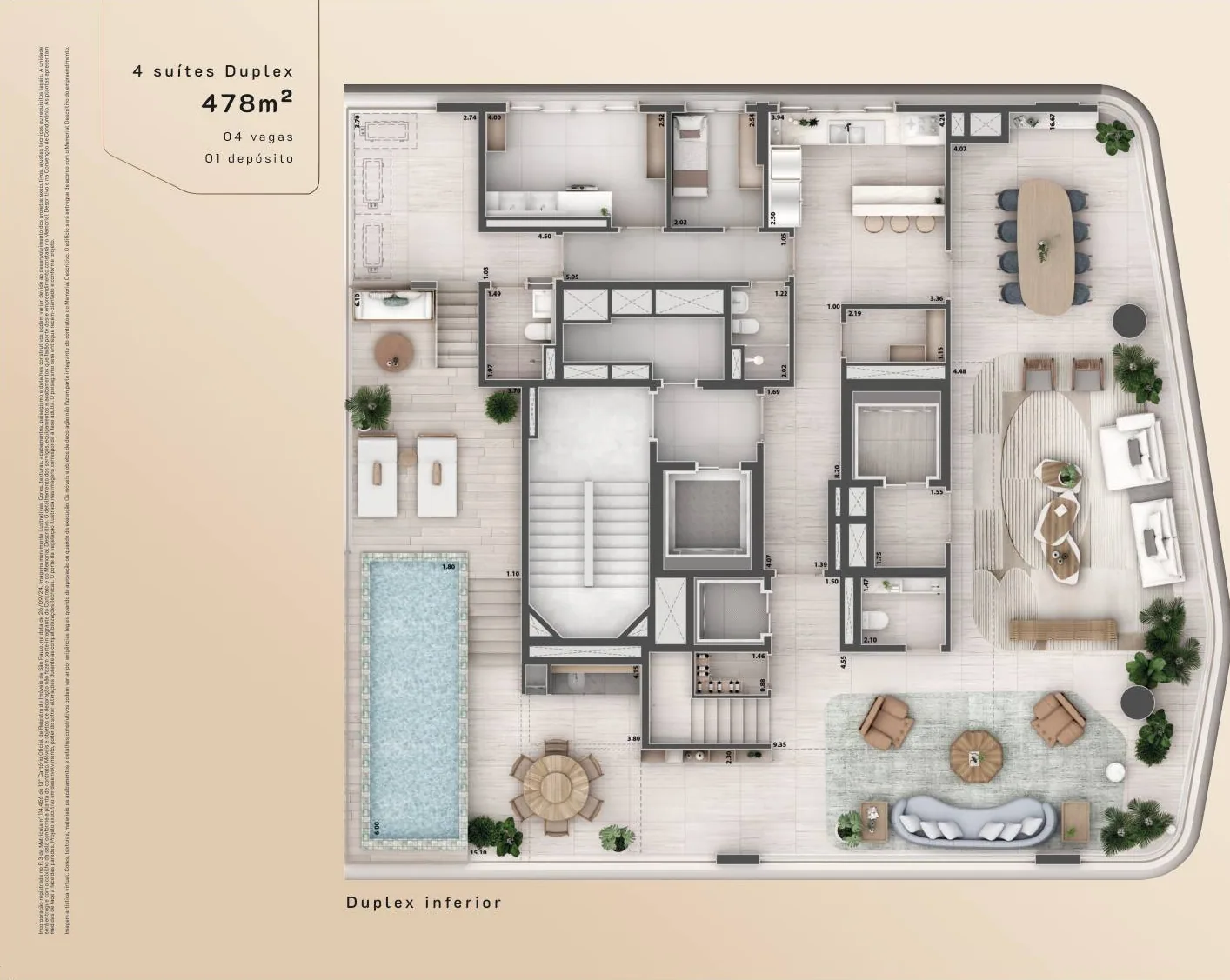 Planta do Duplex de 479 m², pavimento inferior