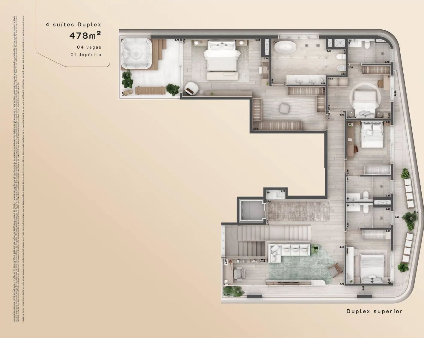 Planta do Duplex de 479 m², pavimento superior