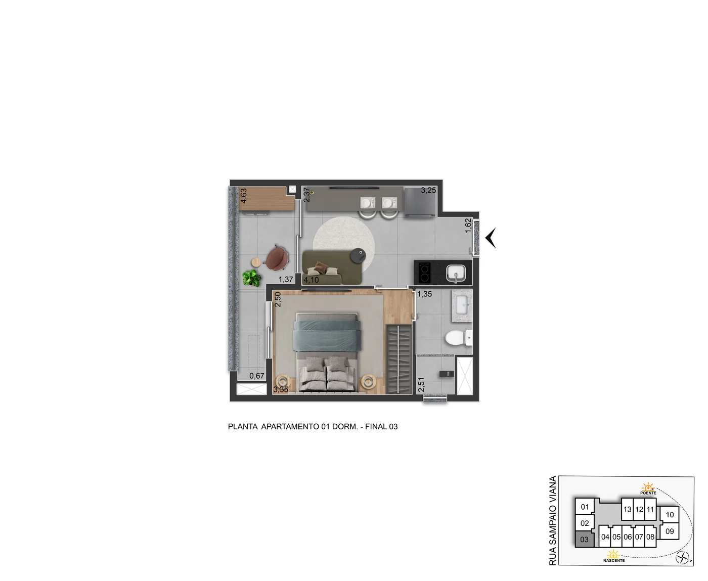 Planta do apartamento de 1 dormitório, final 03
