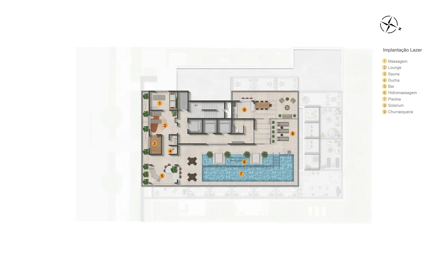 Implantação do lazer no rooftop: massagem, lounge, sauna, ducha, bar, hidromassagem, piscina, solário e churrasqueira